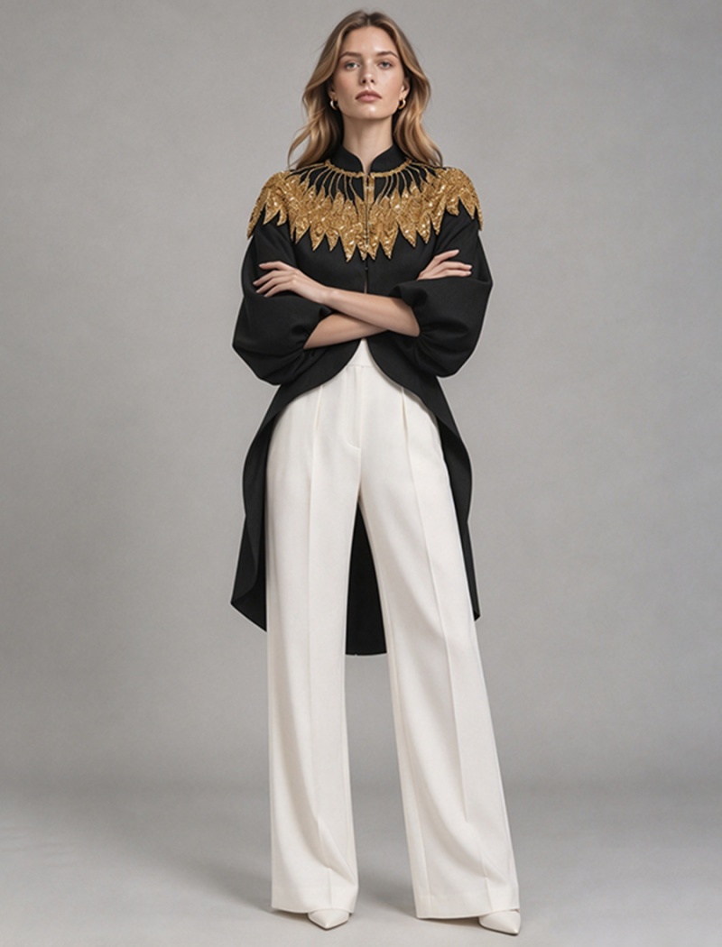 Autumn sequins puff sleeve splice fashion coat for women - Image 3