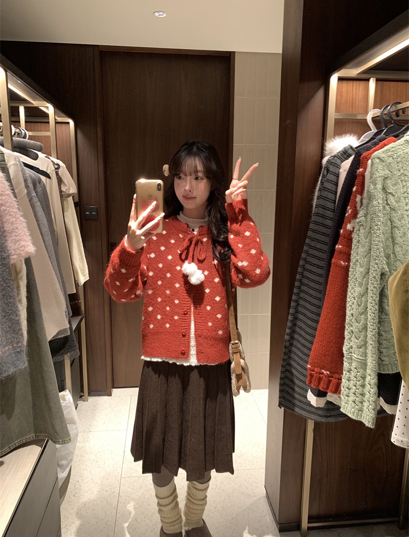 Polka dot knitted tops thermal round neck sweater