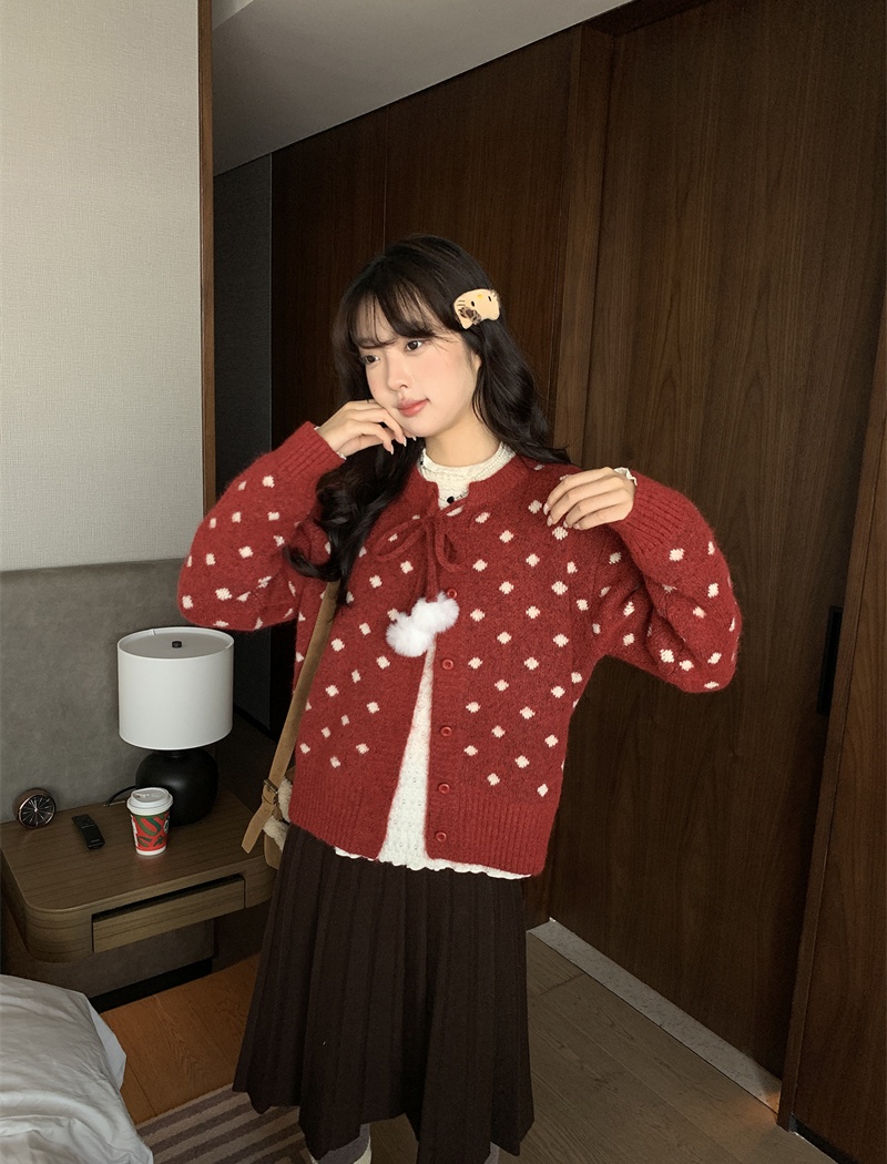 Polka dot knitted tops thermal round neck sweater - Image 2