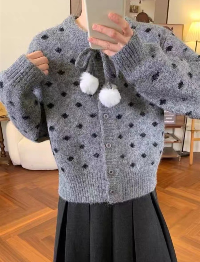 Polka dot knitted tops thermal round neck sweater - Image 3