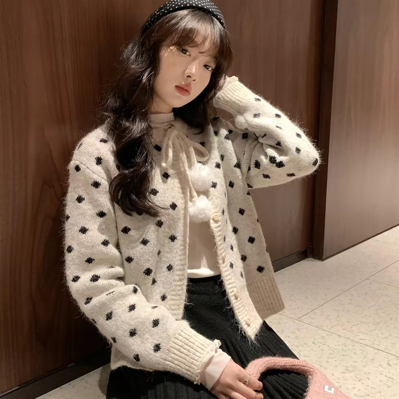 Polka dot knitted tops thermal round neck sweater - Image 4