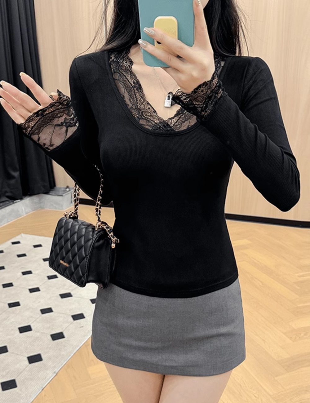 Long sleeve cashmere T-shirt slim lace tops