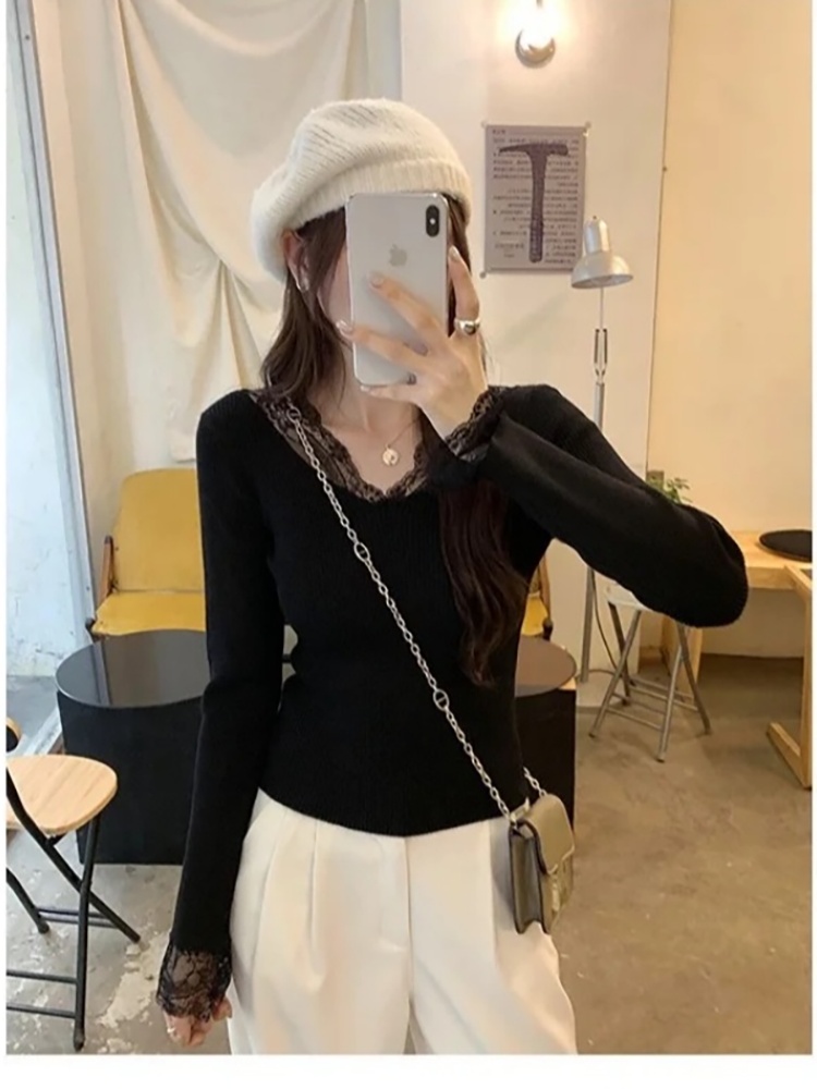 Long sleeve cashmere T-shirt slim lace tops - Image 2