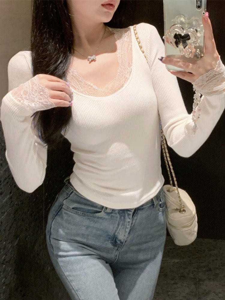 Long sleeve cashmere T-shirt slim lace tops - Image 4