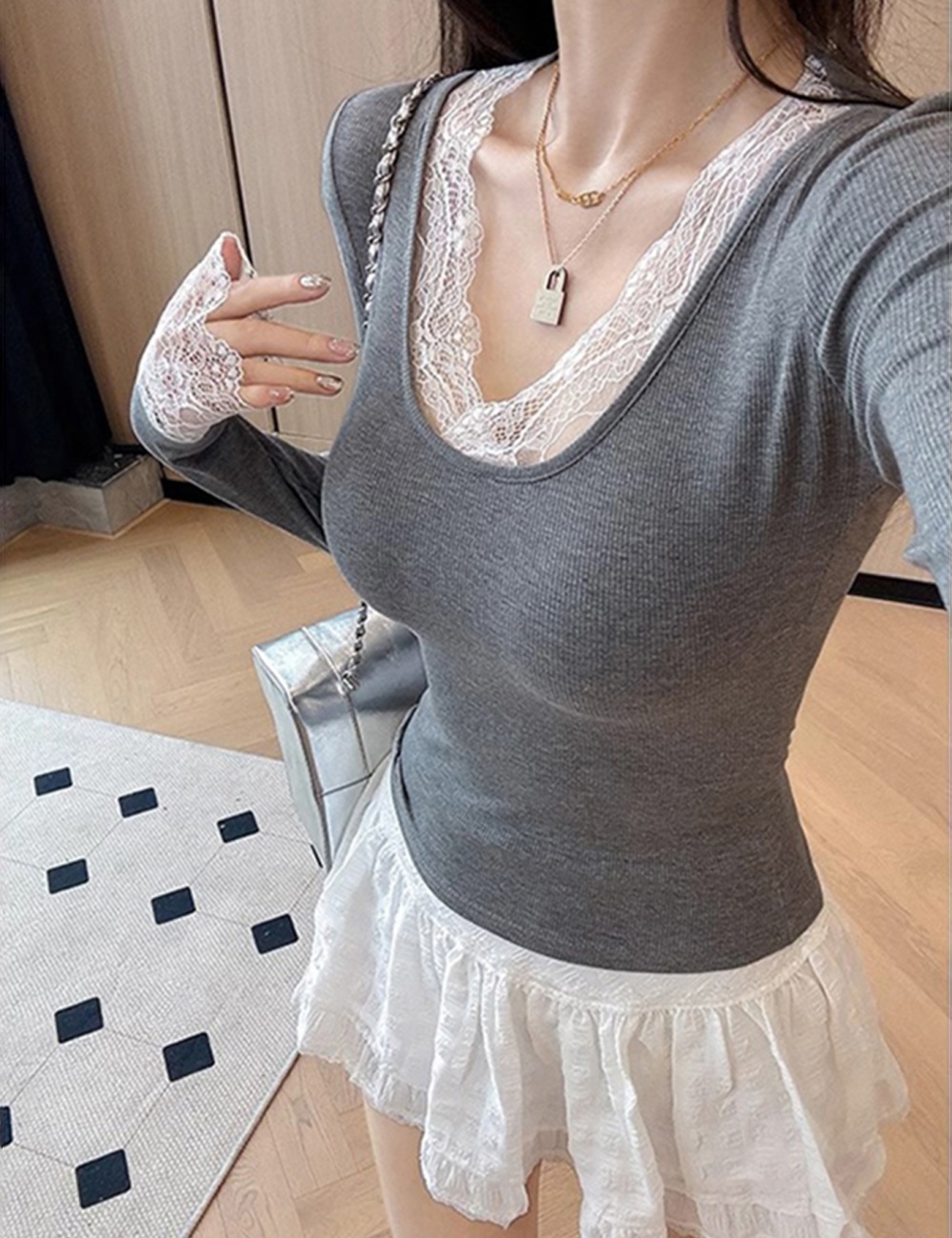 Long sleeve cashmere T-shirt slim lace tops - Image 5