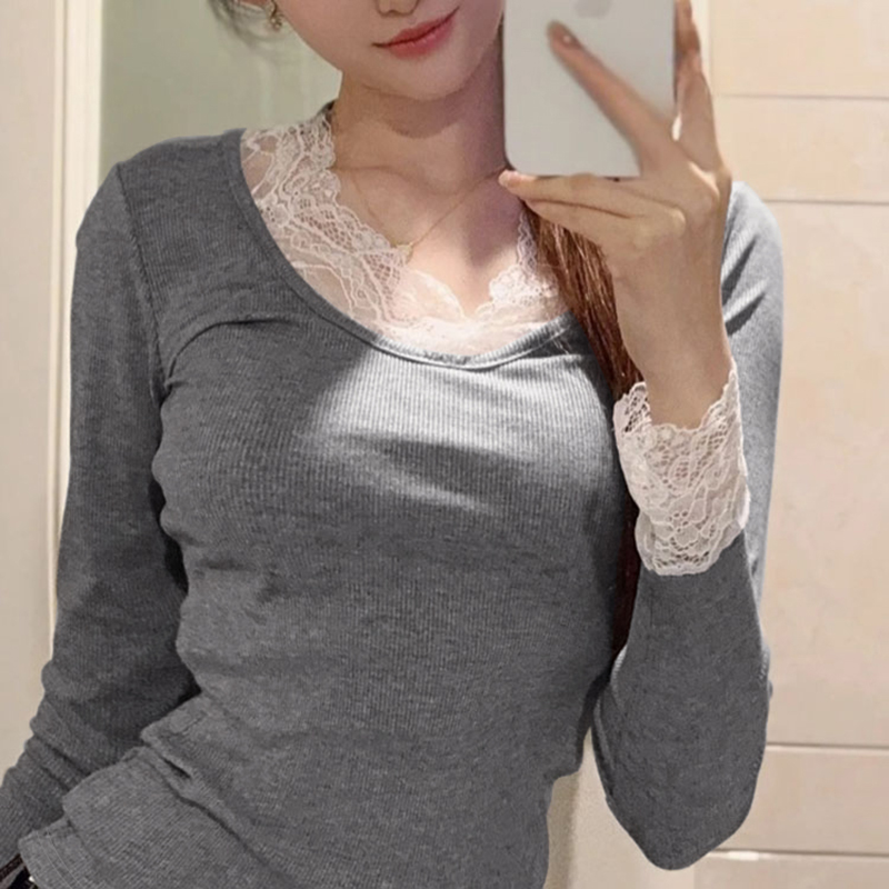 Long sleeve cashmere T-shirt slim lace tops - Image 6