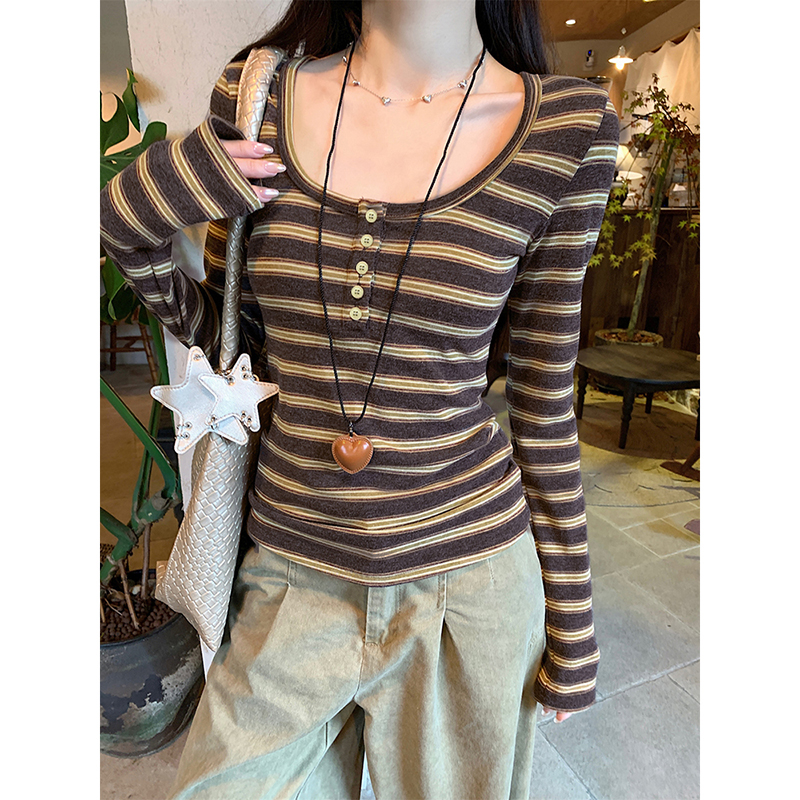 Long sleeve plus velvet tops stripe bottoming shirt - Image 3