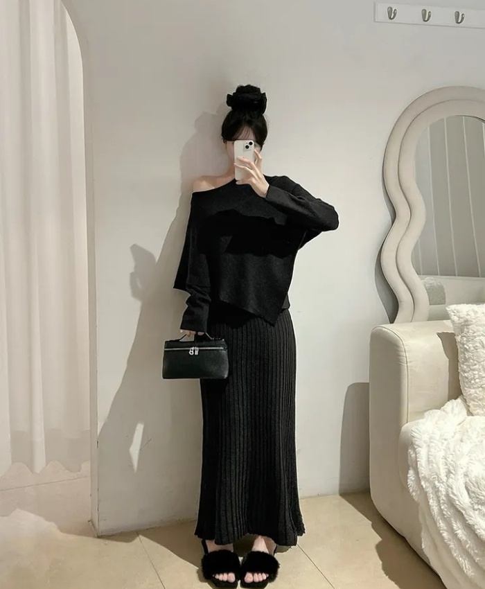 High waist knitted tops slim Korean style cloak 2pcs set - Image 3