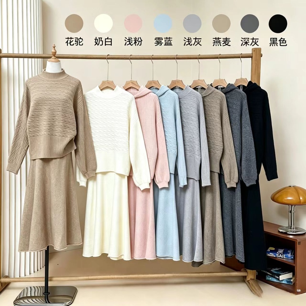 Pinched waist half high collar skirt lazy sweater 2pcs set - Image 2