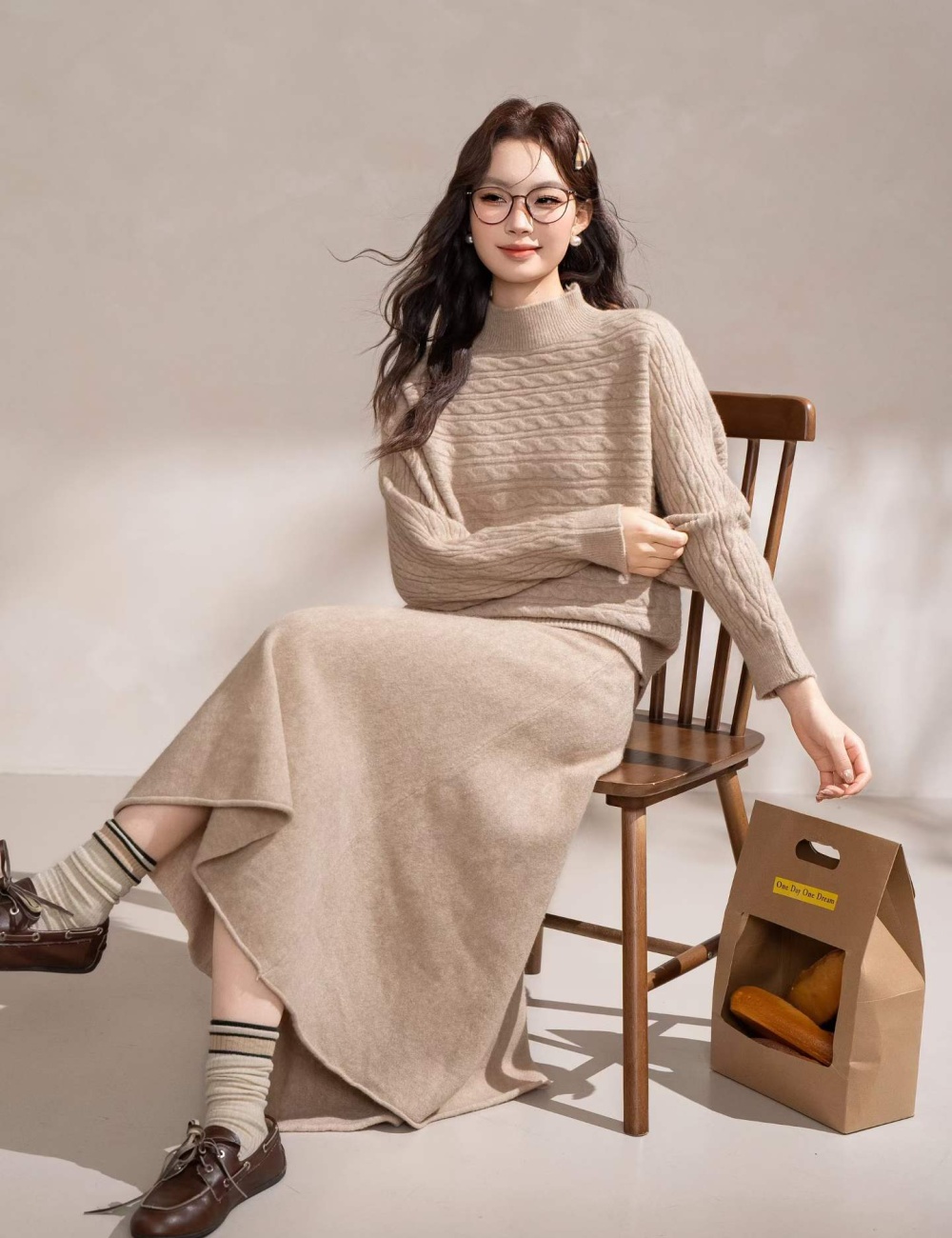 Pinched waist half high collar skirt lazy sweater 2pcs set - Image 3