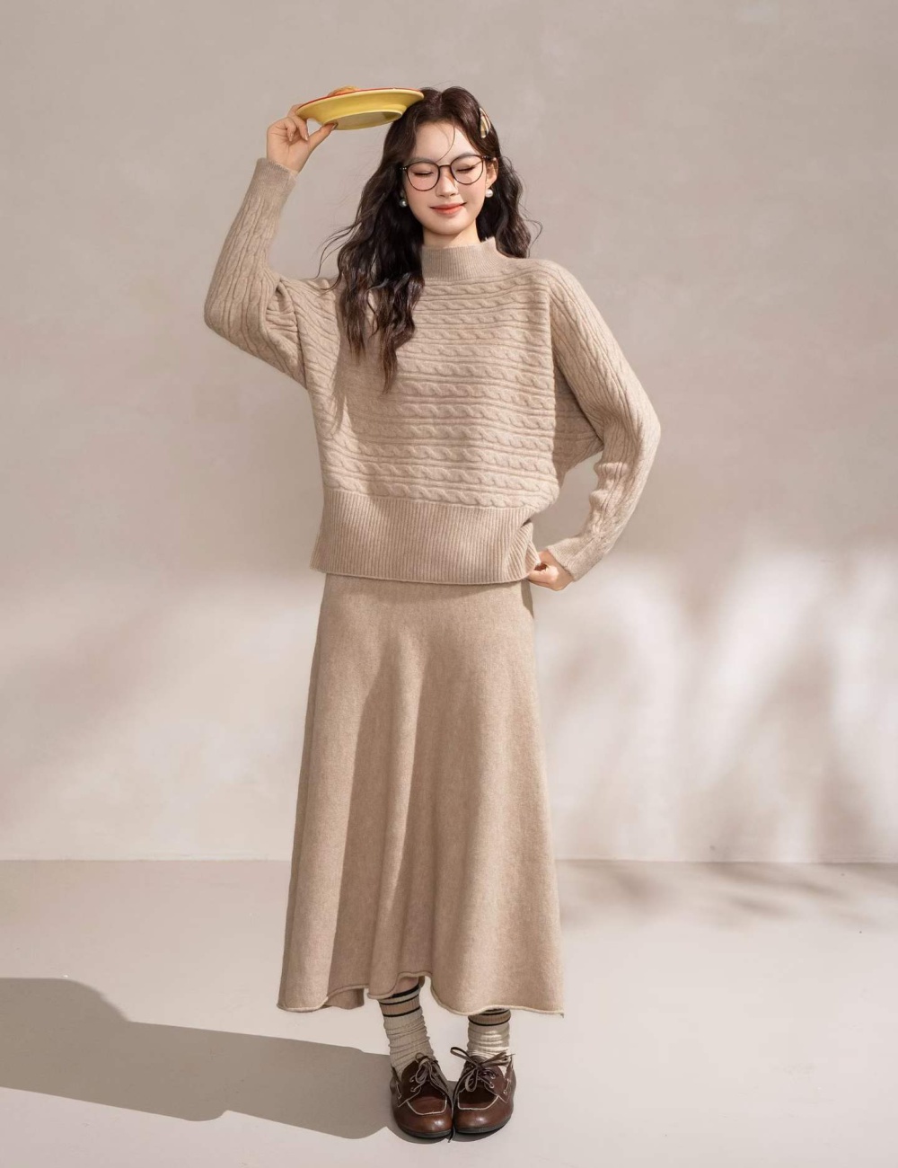 Pinched waist half high collar skirt lazy sweater 2pcs set - Image 4