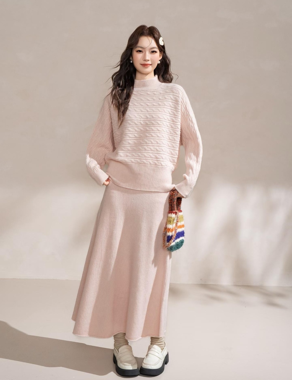 Pinched waist half high collar skirt lazy sweater 2pcs set - Image 5