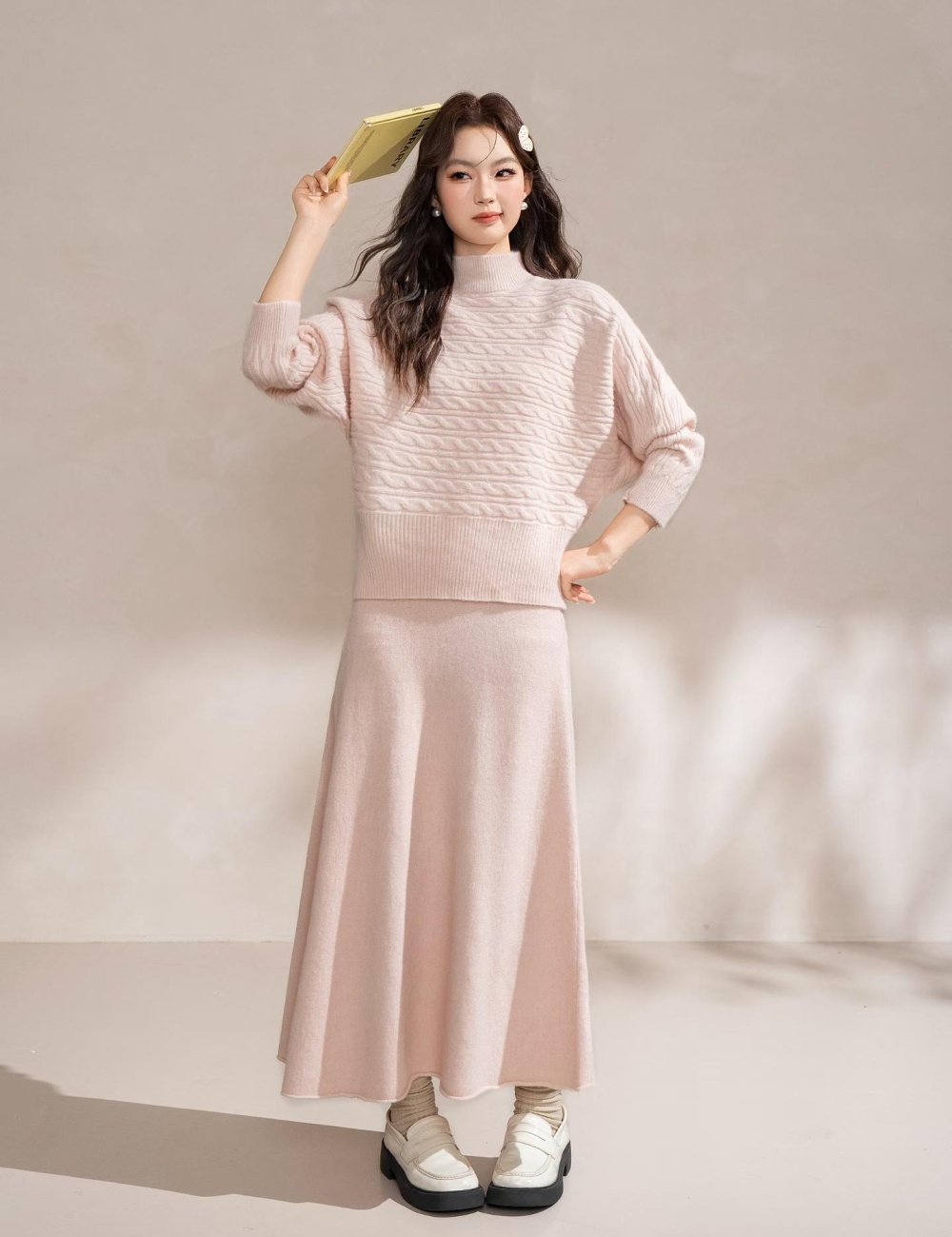 Pinched waist half high collar skirt lazy sweater 2pcs set - Image 6