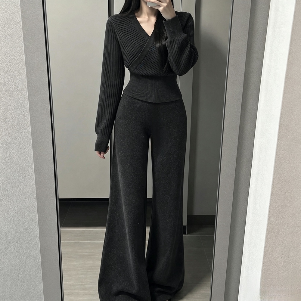Sexy straight long pants cross France style tops 2pcs set