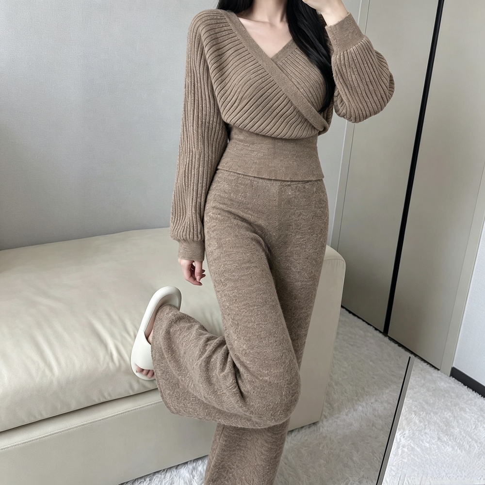 Sexy straight long pants cross France style tops 2pcs set - Image 3