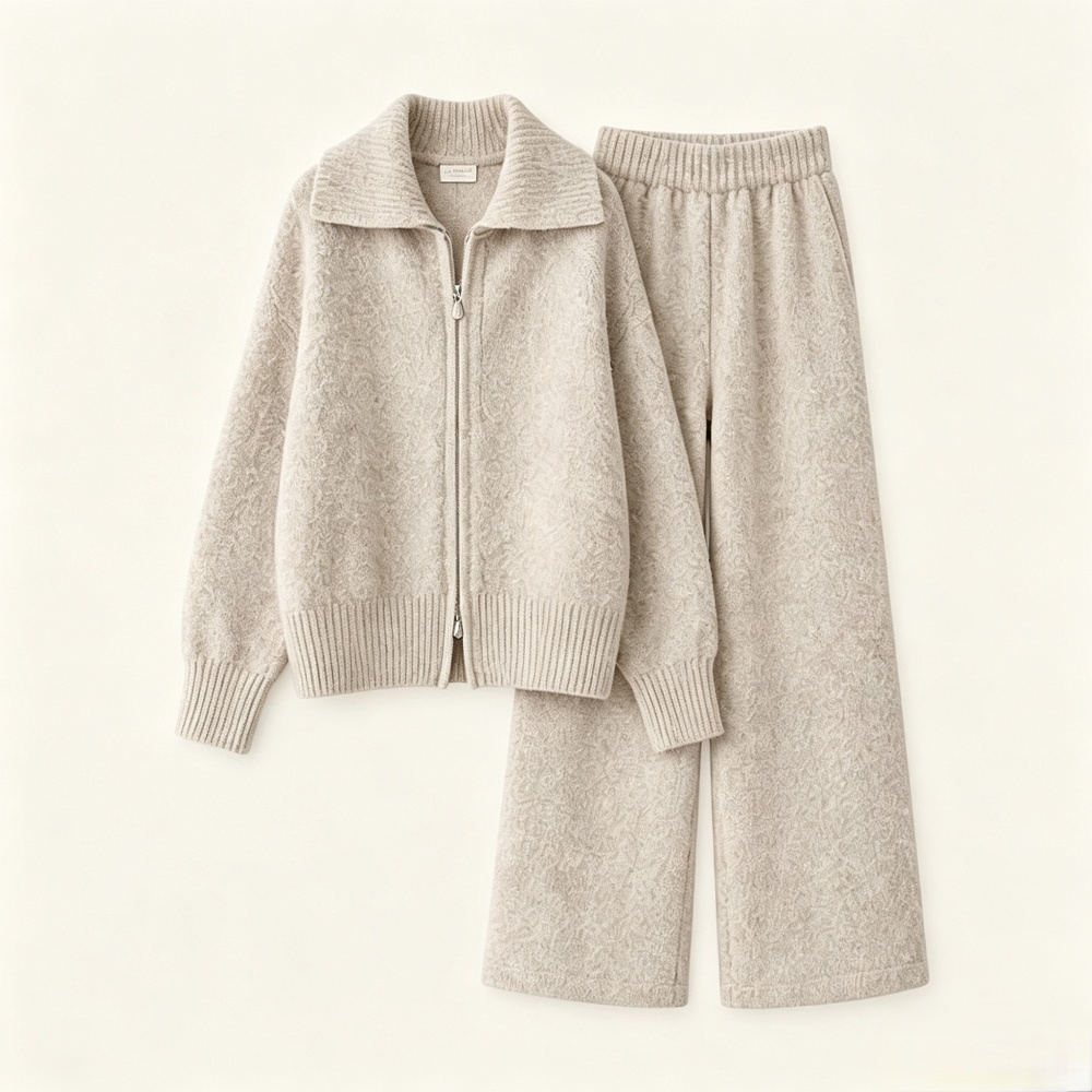 Knitted fashion coat large lapel cardigan 2pcs set - Image 2