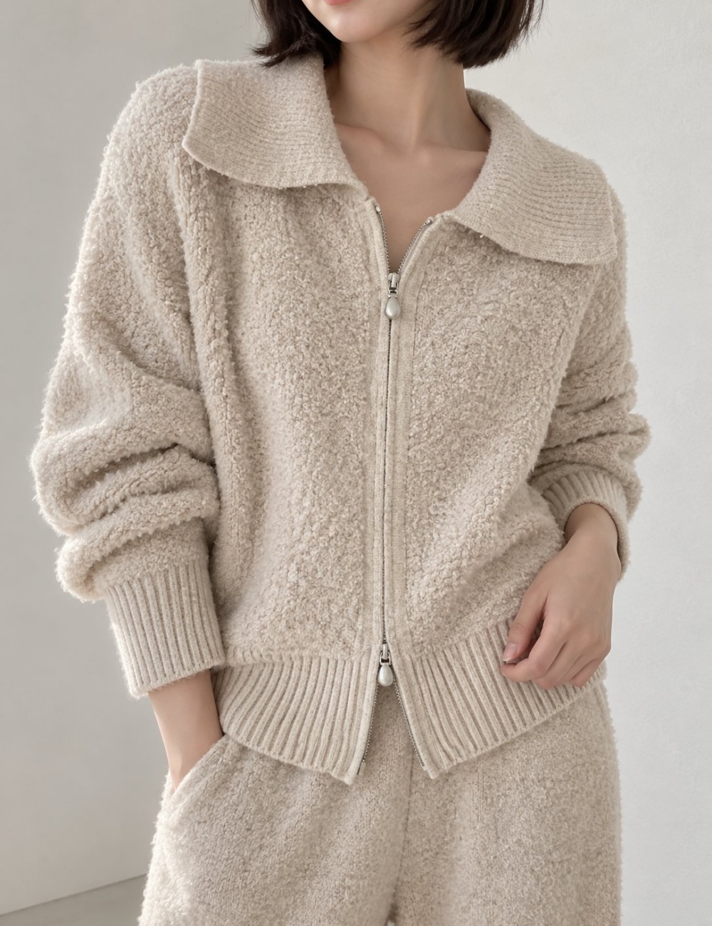 Knitted fashion coat large lapel cardigan 2pcs set - Image 4