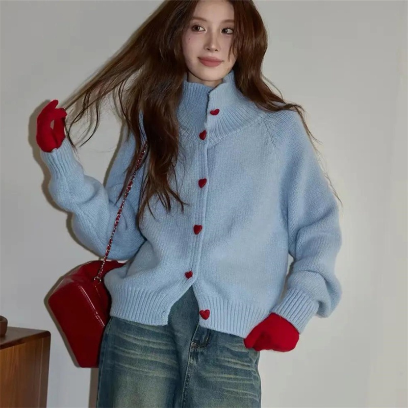 Sweet autumn and winter cardigan heart buckle coat
