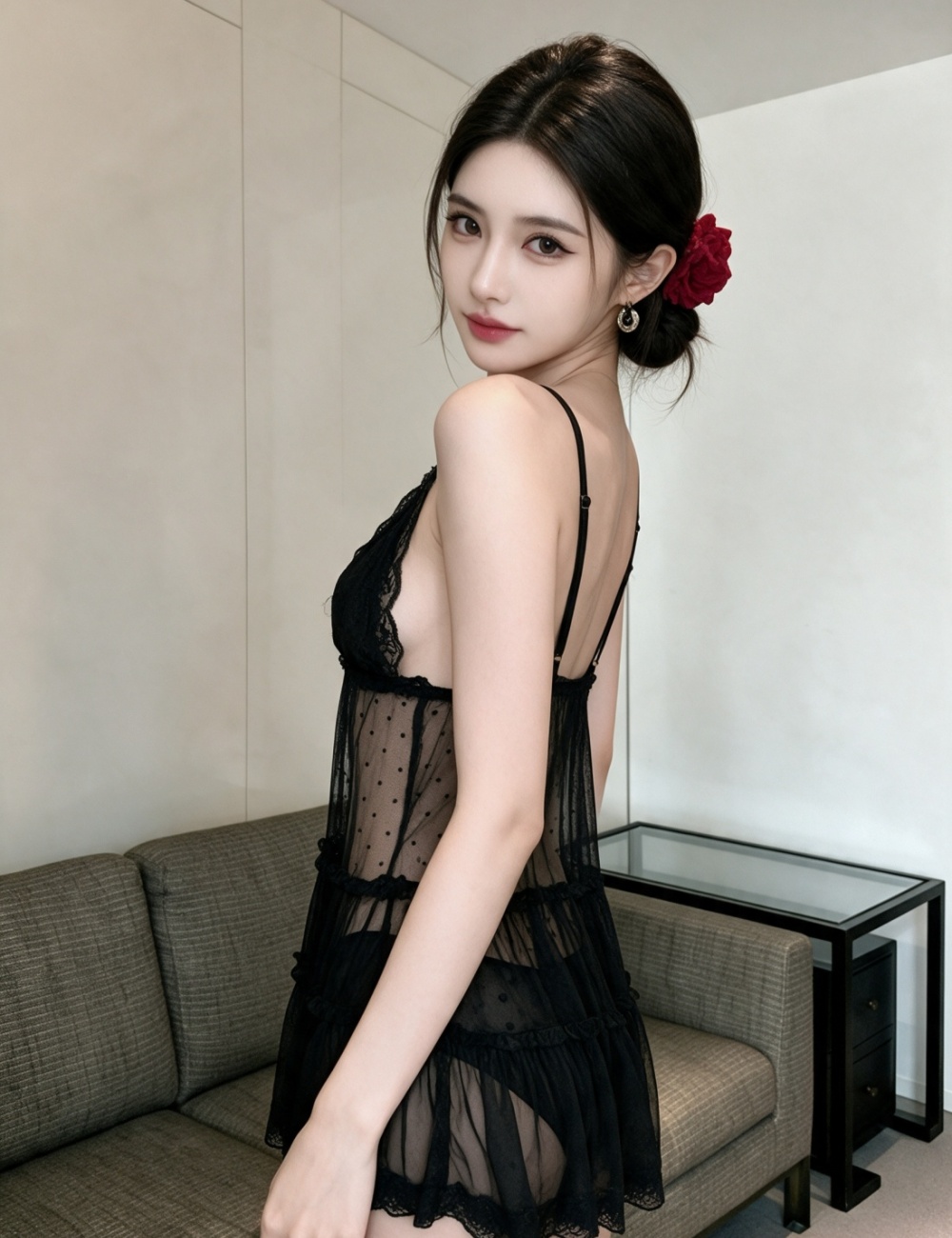 V-neck halter perspective night dress sexy black dress - Image 4