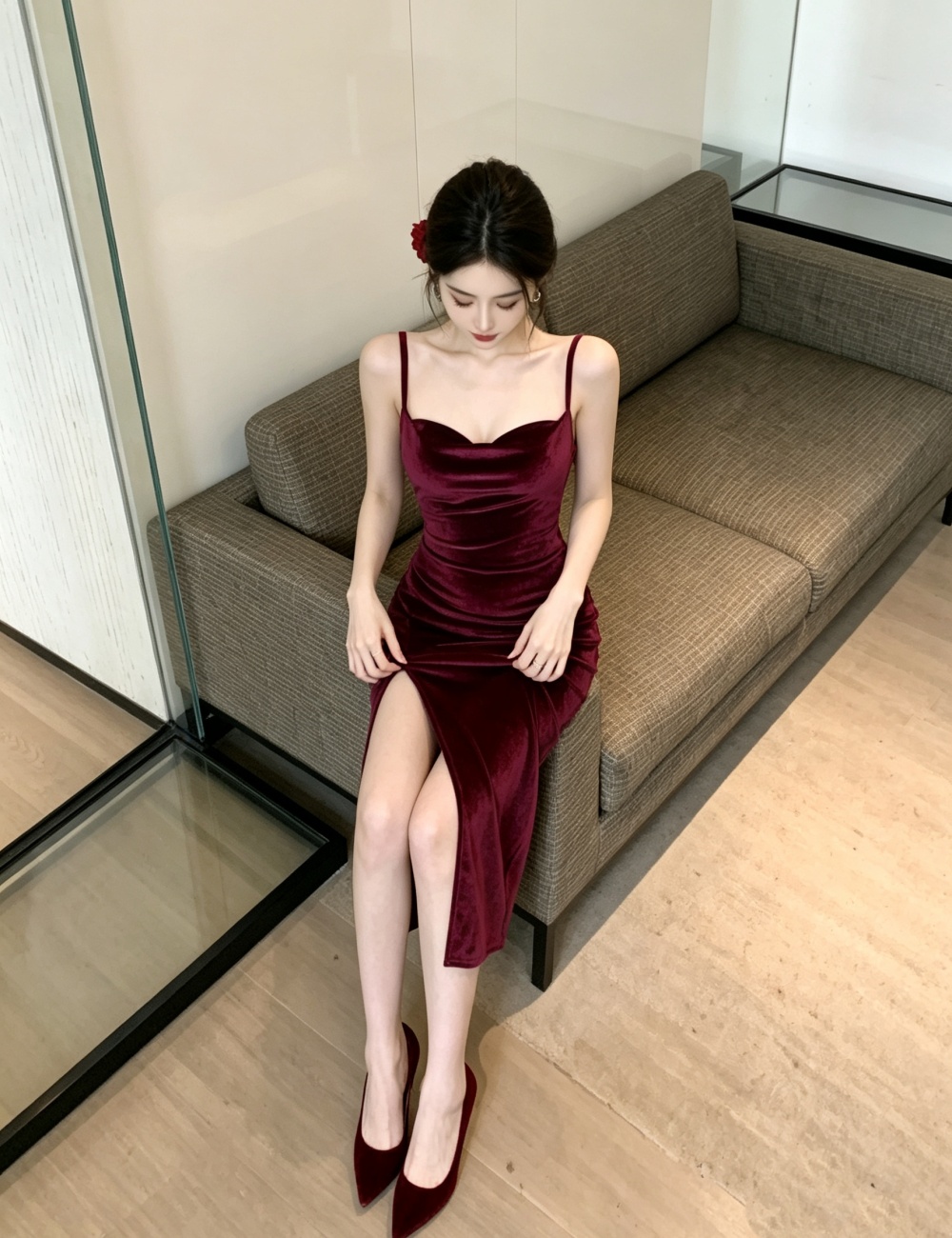 Temperament wine-red formal dress sexy velvet dress - Image 3