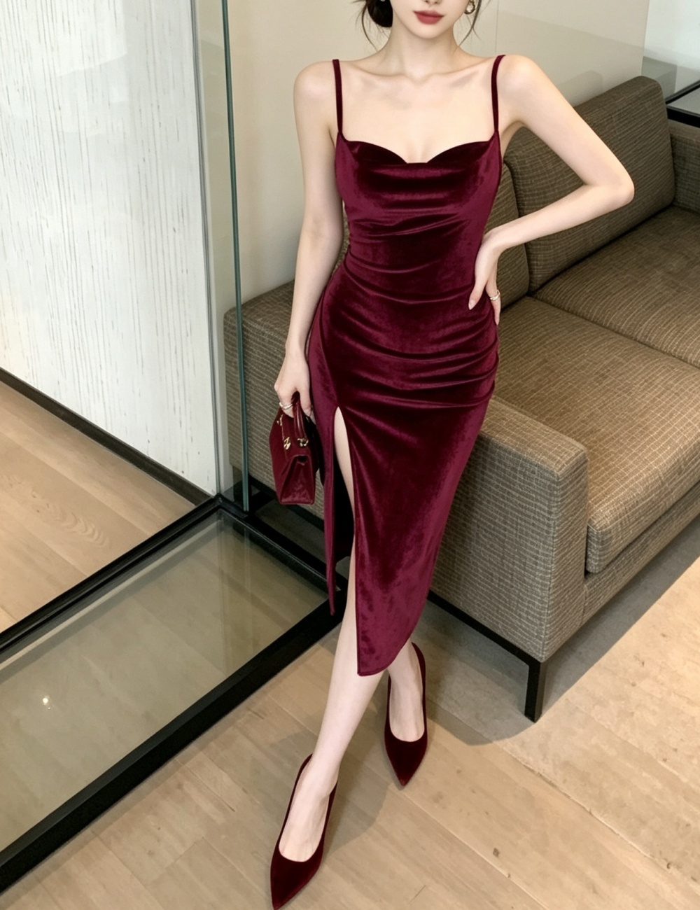 Temperament wine-red formal dress sexy velvet dress - Image 4