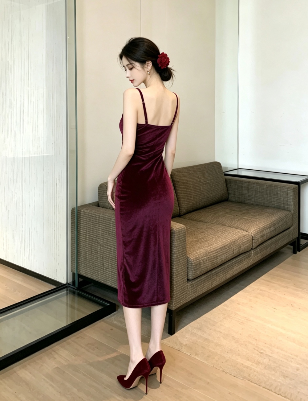 Temperament wine-red formal dress sexy velvet dress - Image 6