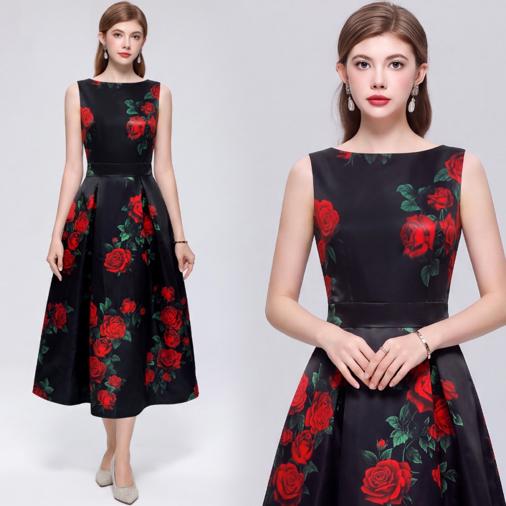 Printing high waist stereoscopic A-line pinched waist dress