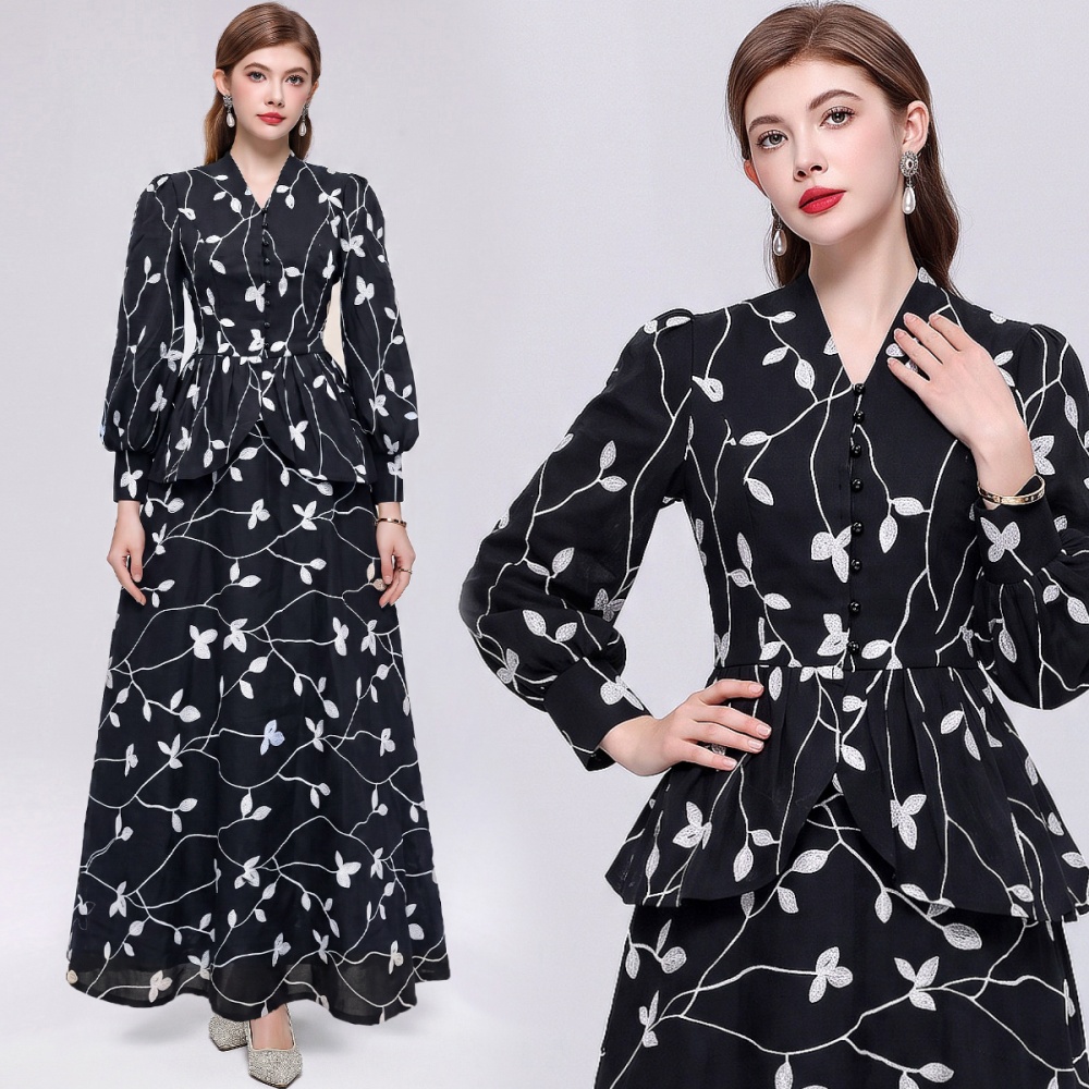 V-neck romantic style slim big skirt A-line skirt a set