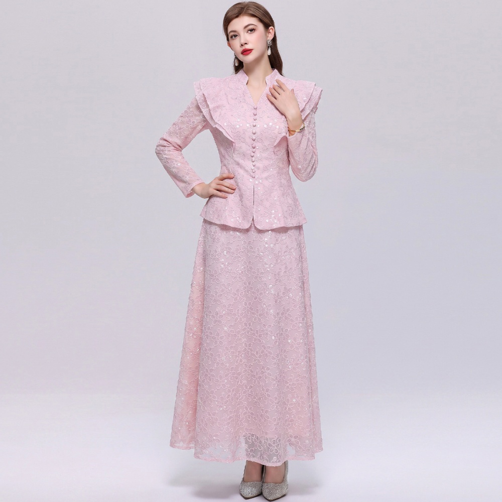 Single-breasted simple long dress lace skirt a set - Image 3