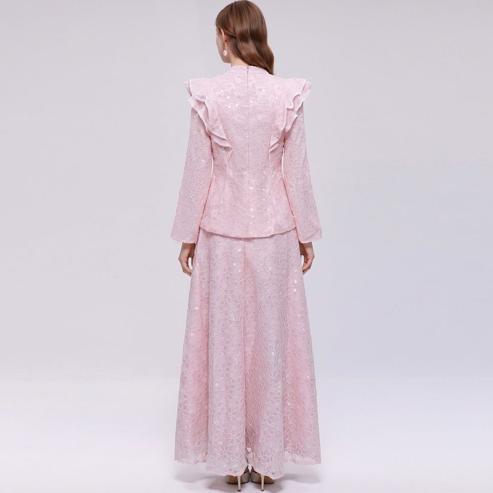Single-breasted simple long dress lace skirt a set - Image 4