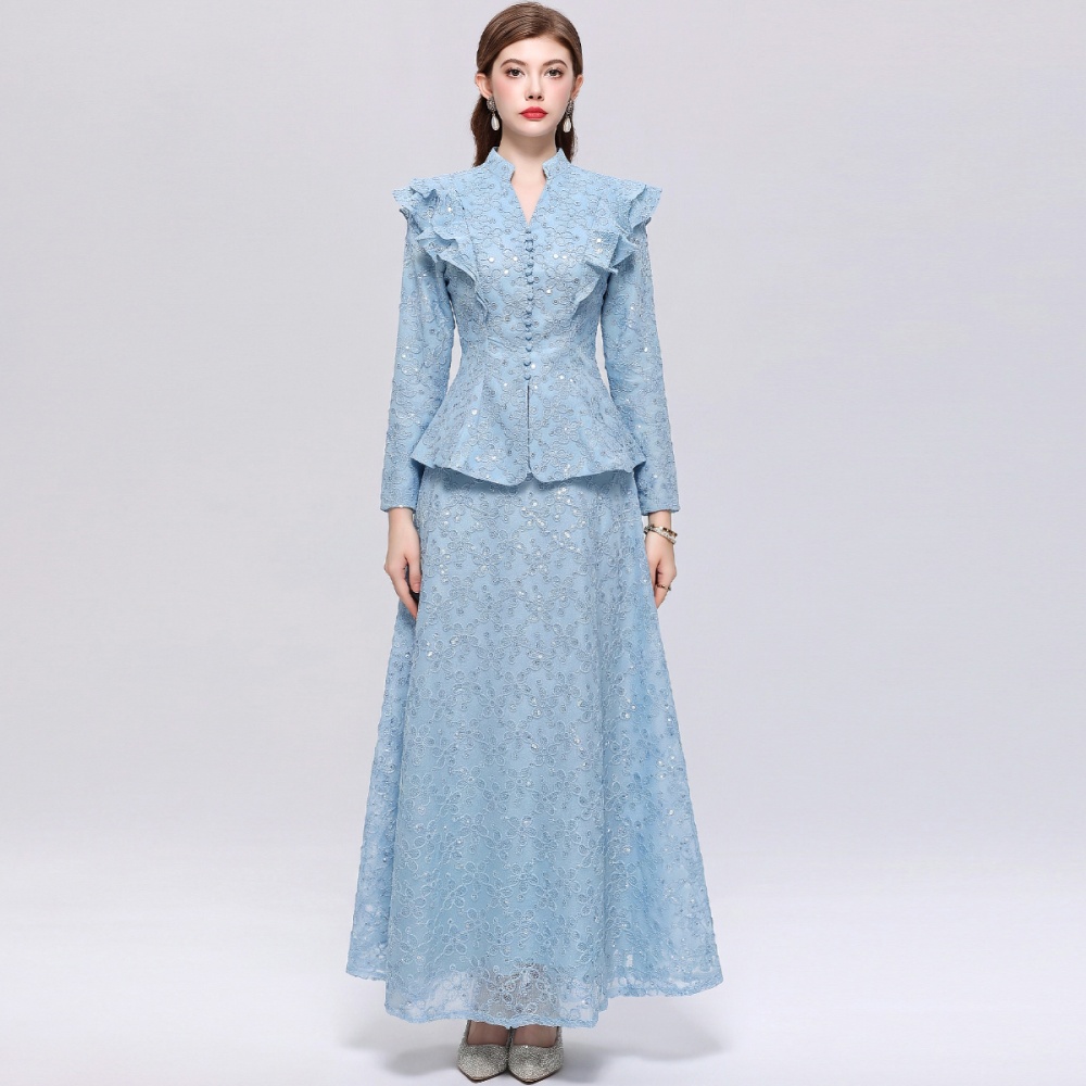 Lotus leaf edges cstand collar skirt lace long dress a set - Image 3