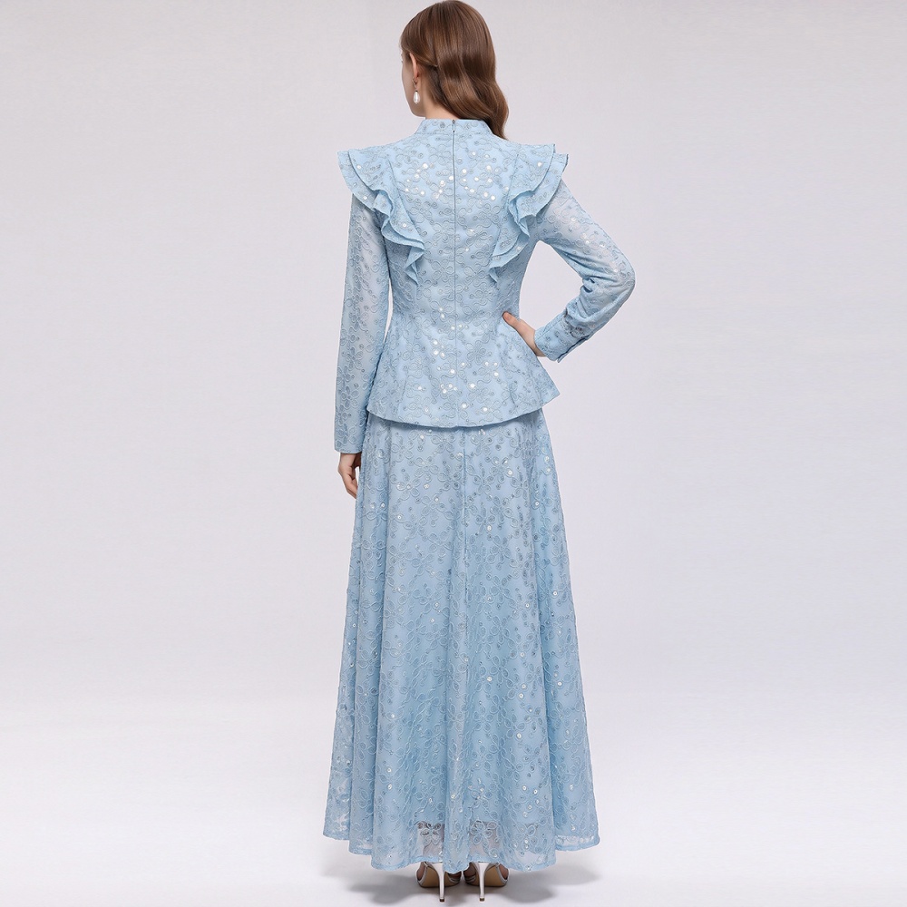 Lotus leaf edges cstand collar skirt lace long dress a set - Image 4