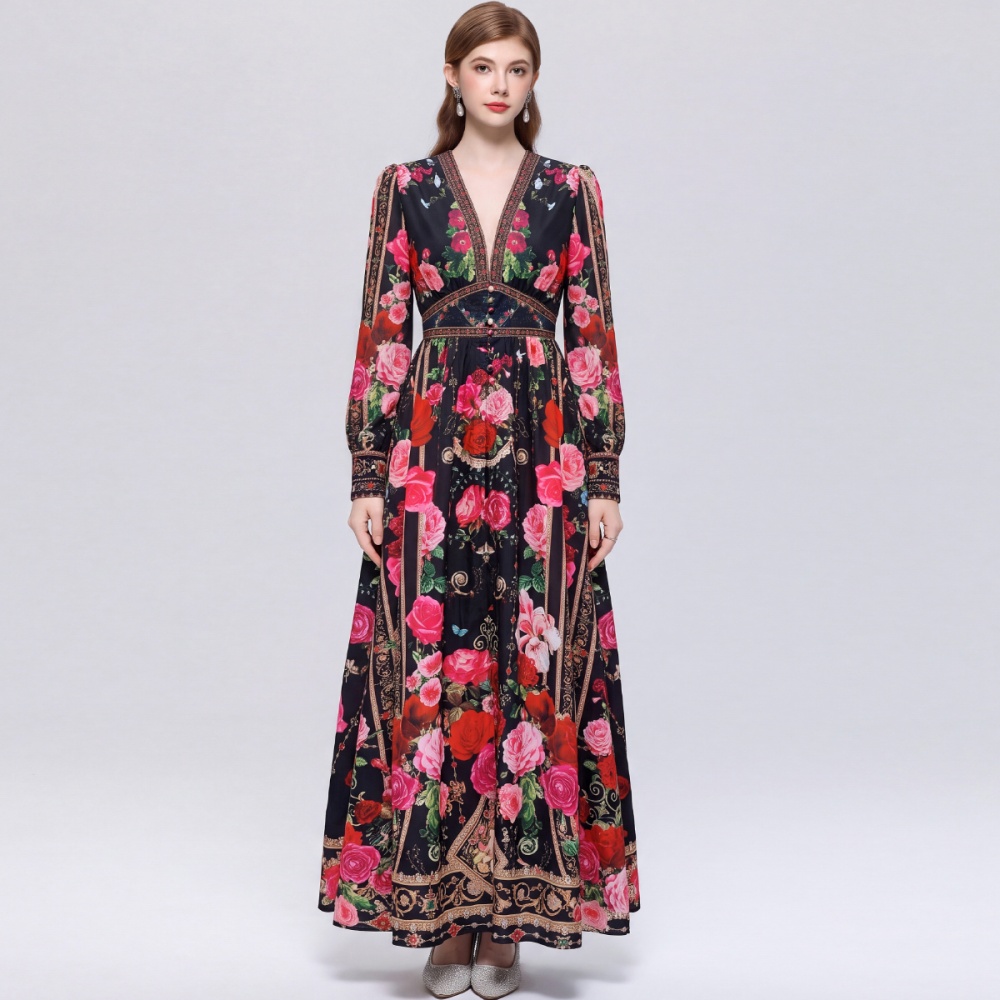 Pinched waist court style dress printing retro long dress - Image 3