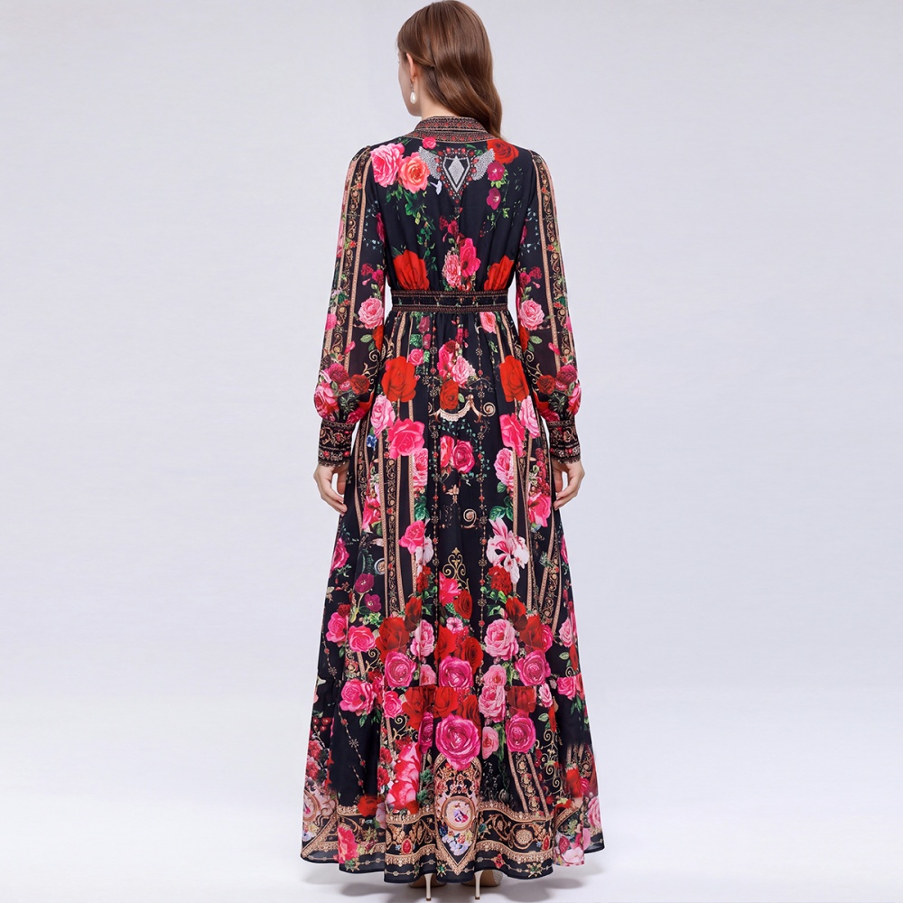 Pinched waist court style dress printing retro long dress - Image 4