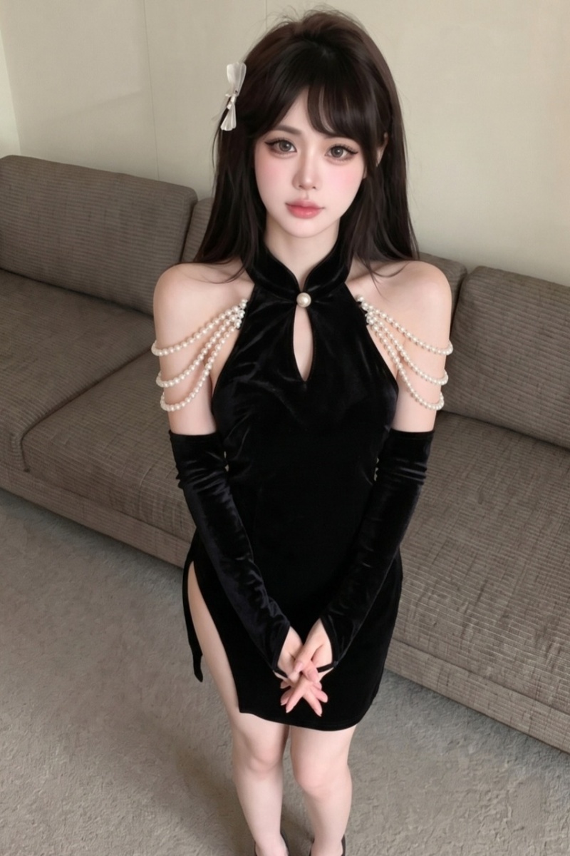 Sexy velvet split cheongsam pearl decoration pendant dress - Image 5