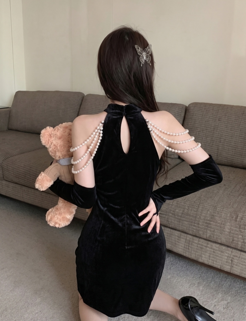 Sexy velvet split cheongsam pearl decoration pendant dress - Image 6