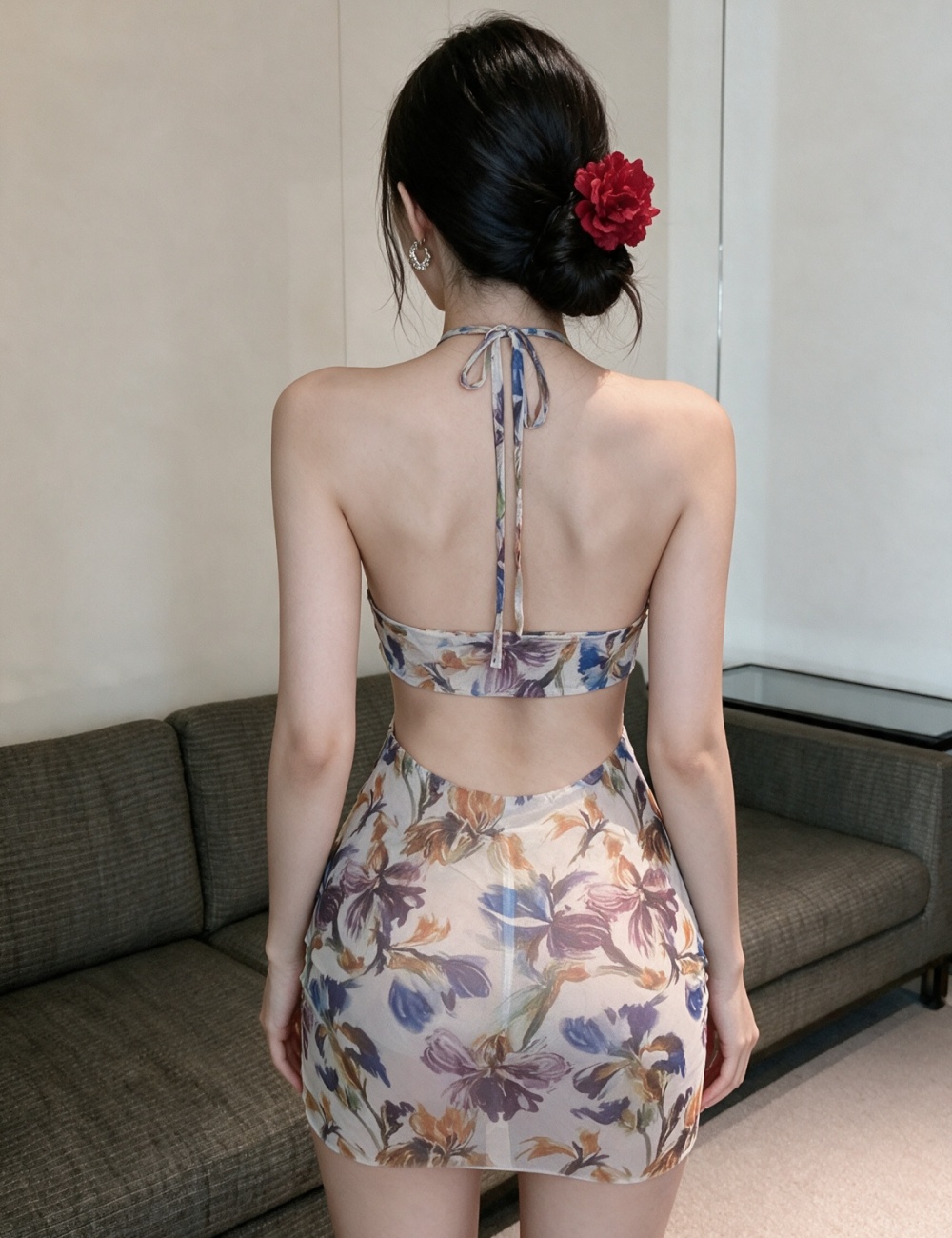 Package hip single slim halter printing dress for women - Image 3