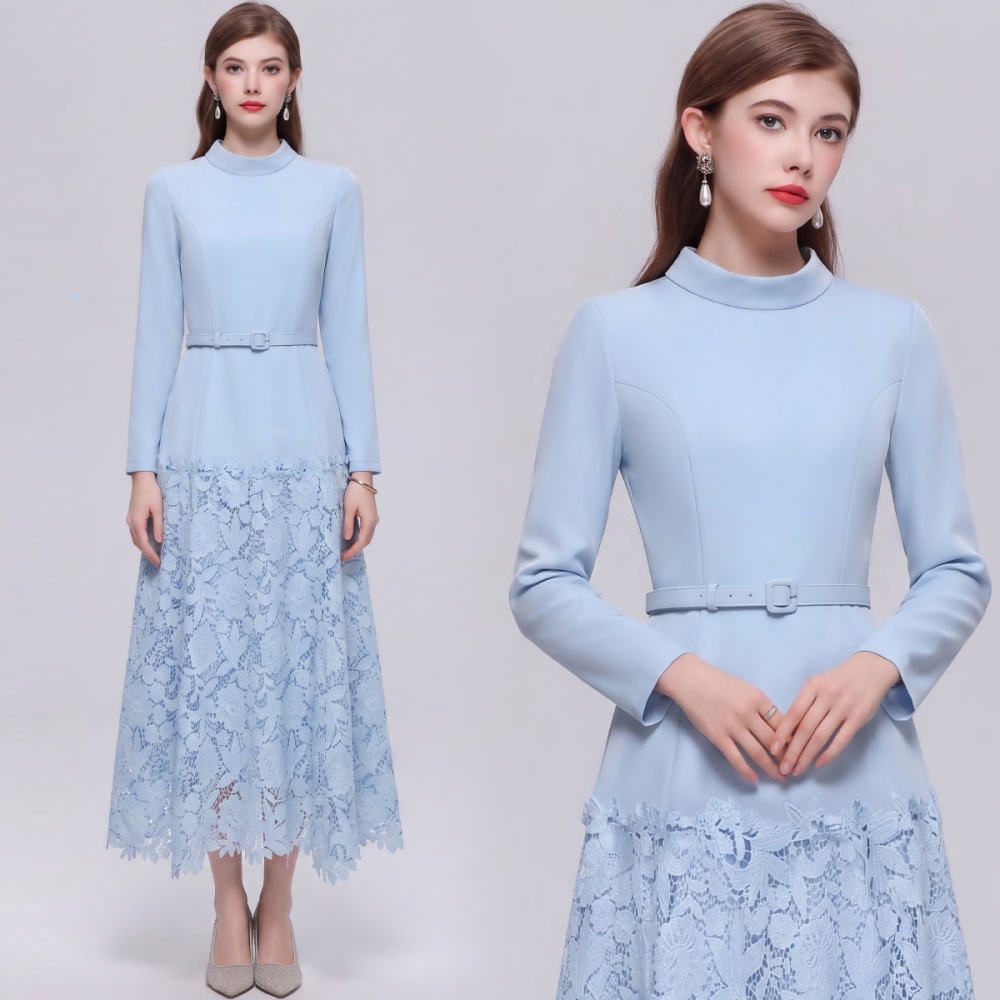 With belt ladies long dress elegant high waist dress