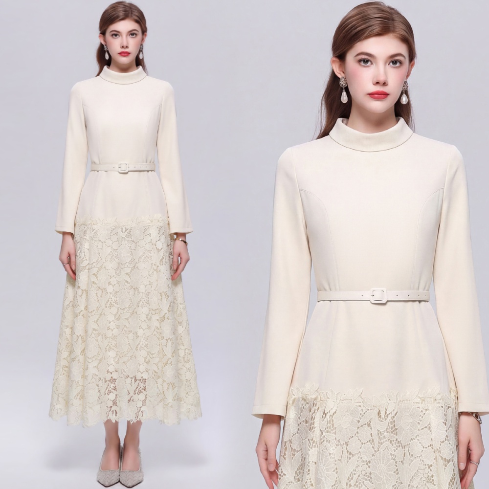 High waist with belt dress slim ladies long dress