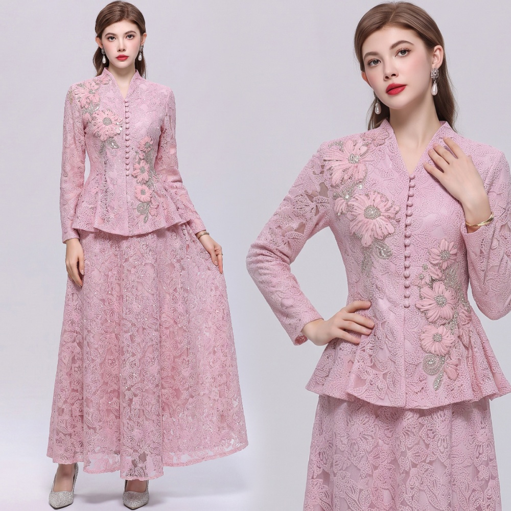 Long sleeve lace long skirt elegant V-neck skirt a set