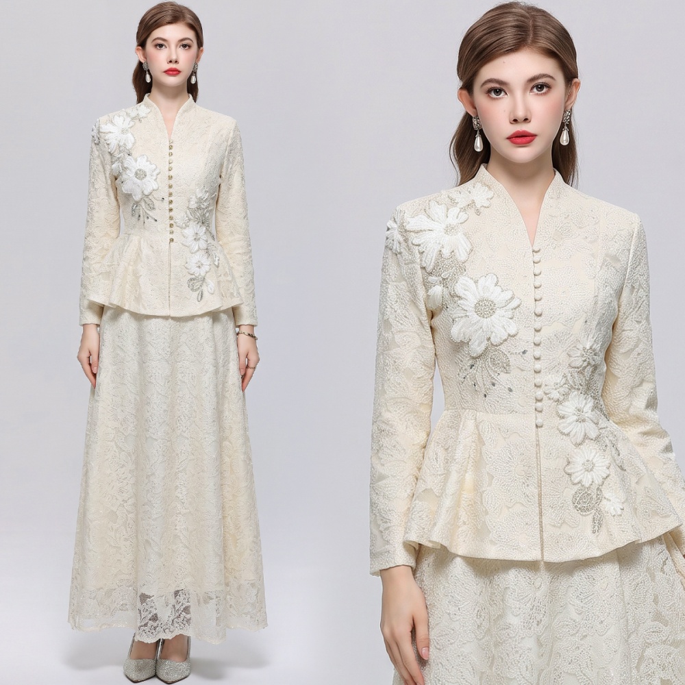 Lace elegant V-neck long skirt slim sequins skirt a set