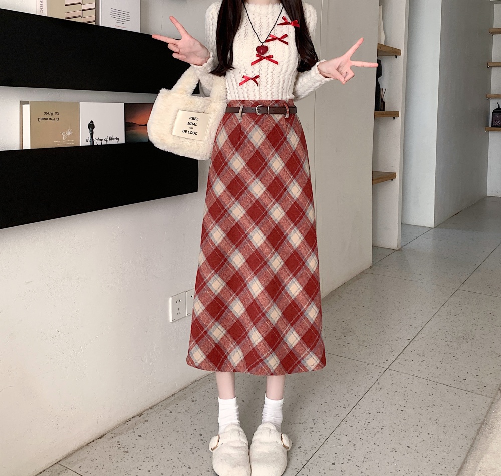 Autumn and winter plaid skirt lined long skirt for women