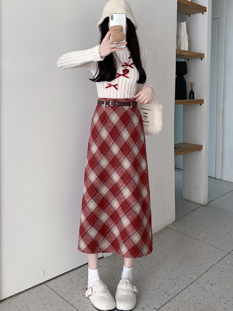Autumn and winter plaid skirt lined long skirt for women - Image 3