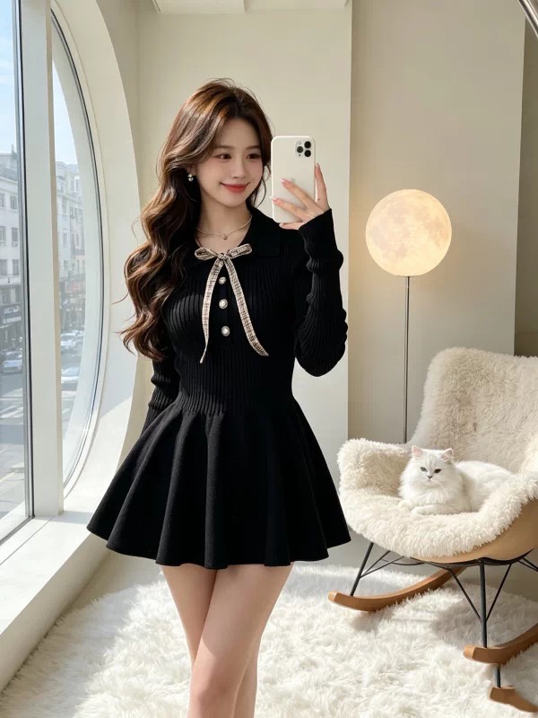 Autumn bud knitted T-back bow small fellow dress - Image 3