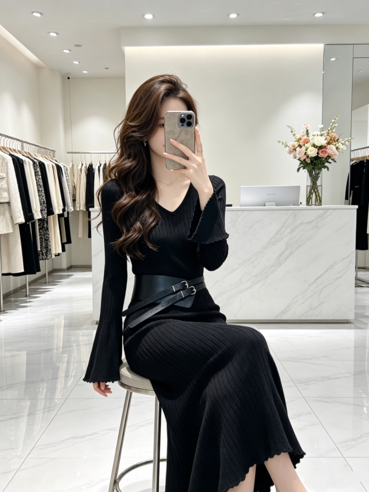 Trumpet sleeves retro belt autumn pit stripe dress for women