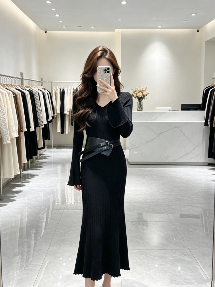 Trumpet sleeves retro belt autumn pit stripe dress for women - Image 2