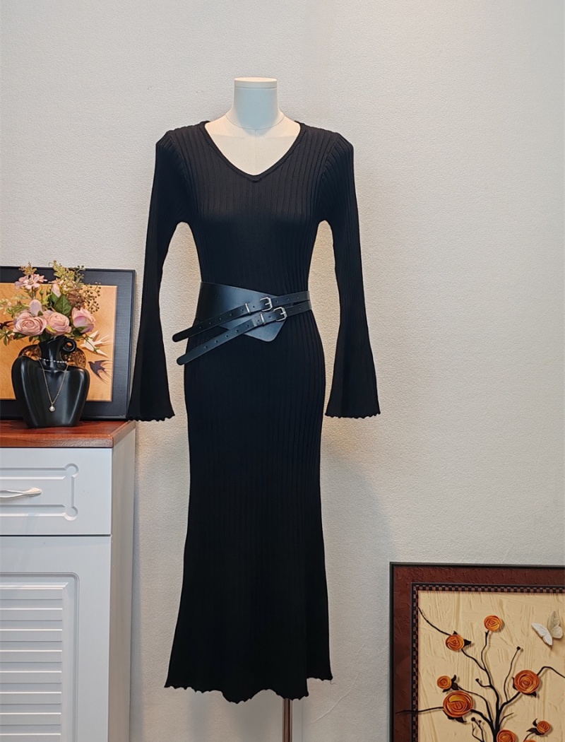 Trumpet sleeves retro belt autumn pit stripe dress for women - Image 3