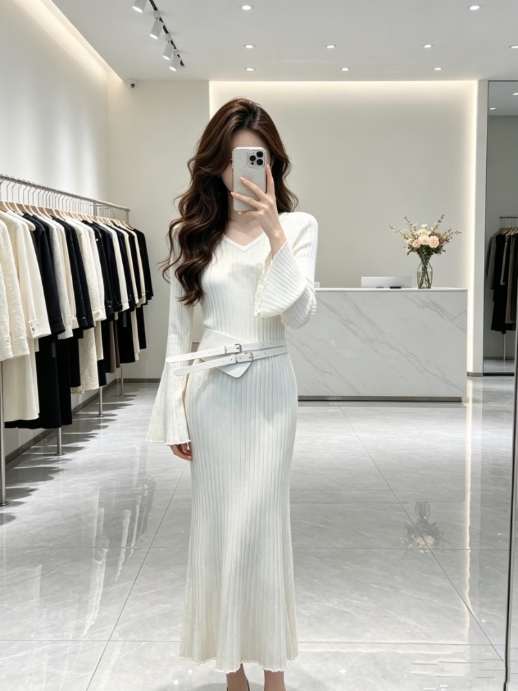 Trumpet sleeves retro belt autumn pit stripe dress for women - Image 4