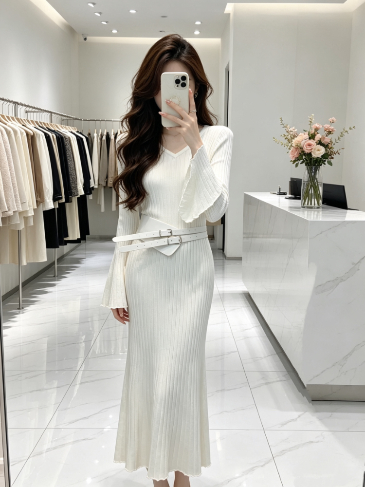 Trumpet sleeves retro belt autumn pit stripe dress for women - Image 5