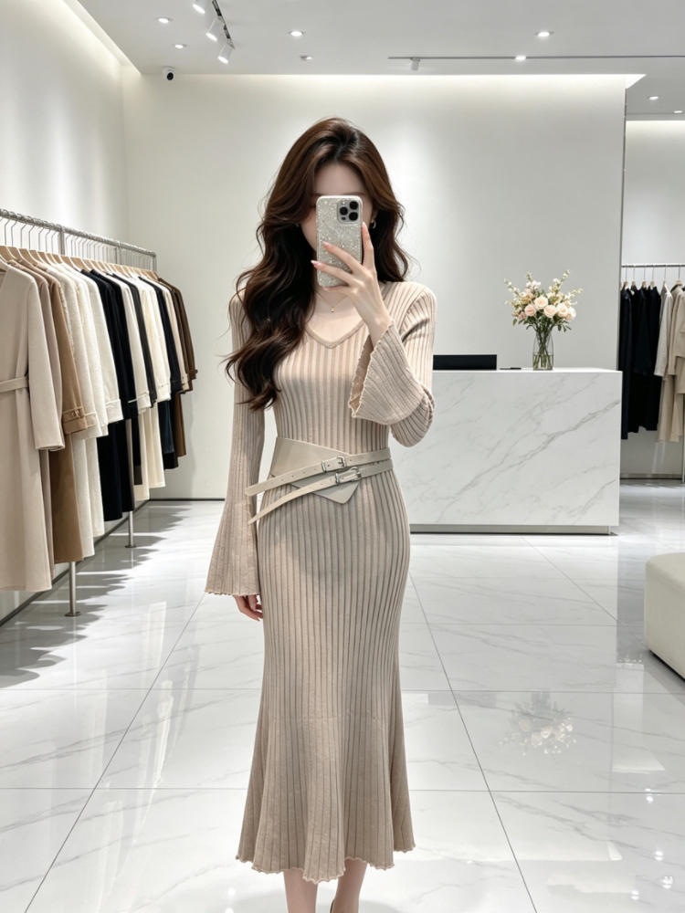 Trumpet sleeves retro belt autumn pit stripe dress for women - Image 6
